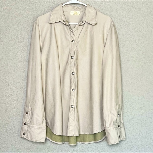 SARA BATTAGLIA Beige Faux Leather Oversized Boxy Snap Button Up Shirt Jacket L - Picture 3 of 13